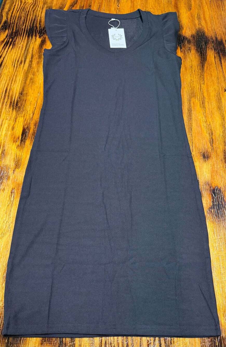Thanks Ruffled V-Neck Ribbed Dress Size L Black